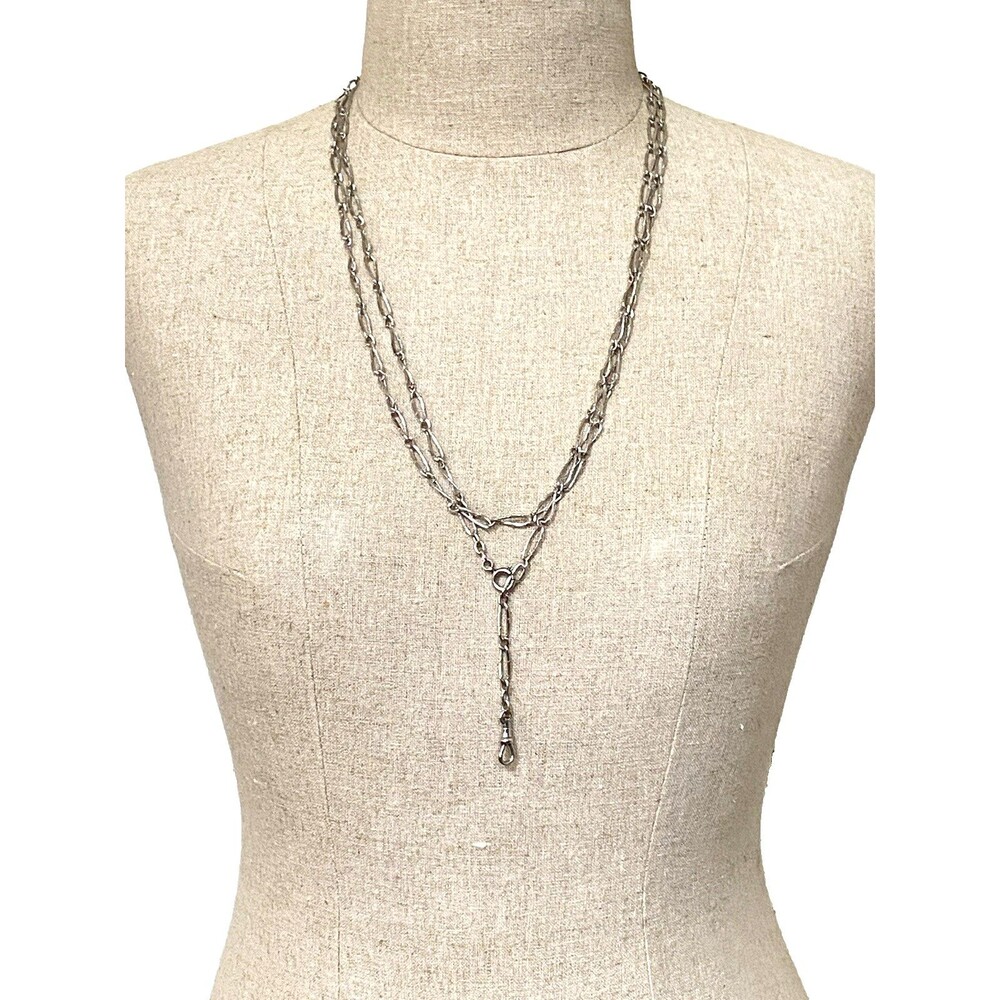 Vintage 800 Silver Long Guard Chain Necklace 58” Sheaf Links Double Clasp